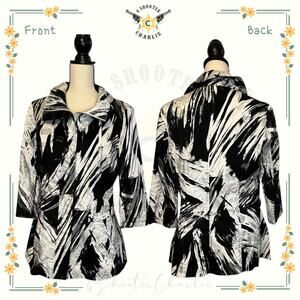 BEREK2 Black White Abstract Print Collar Zip Jacket Neiman Marcus Size Medium